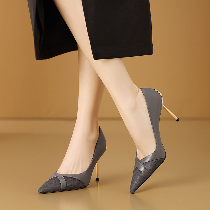 气质白领正装高跟鞋新款女鞋尖头细跟拼接金属跟宴会辣妈时装单鞋