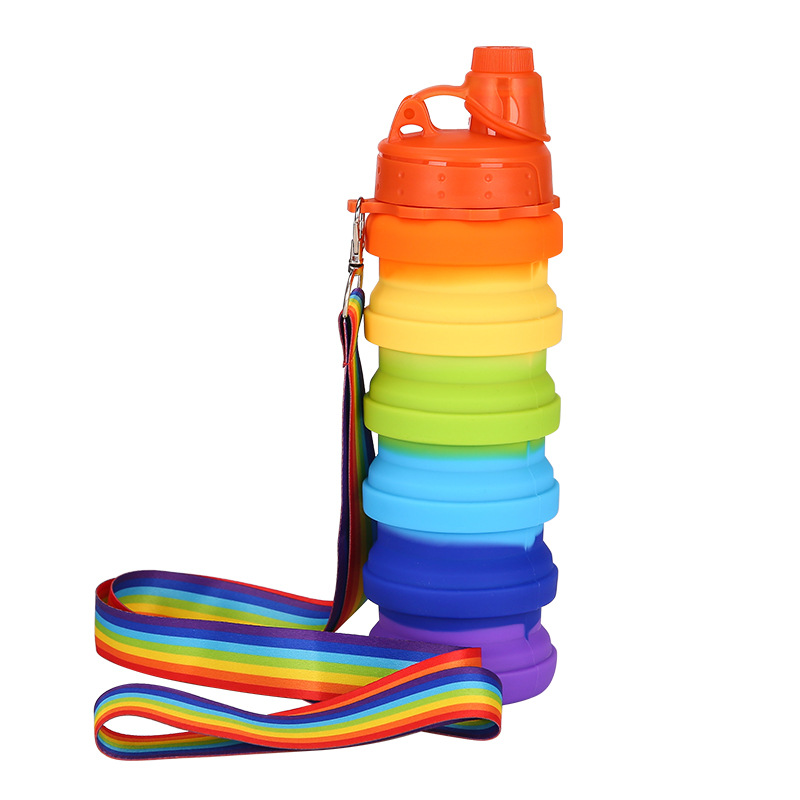 Spot Silicone Folding Sports Cup Exclusive for Cross-Border Cute Ins Rainbow Color over-the-Shoulder Retractable Children's Kettle