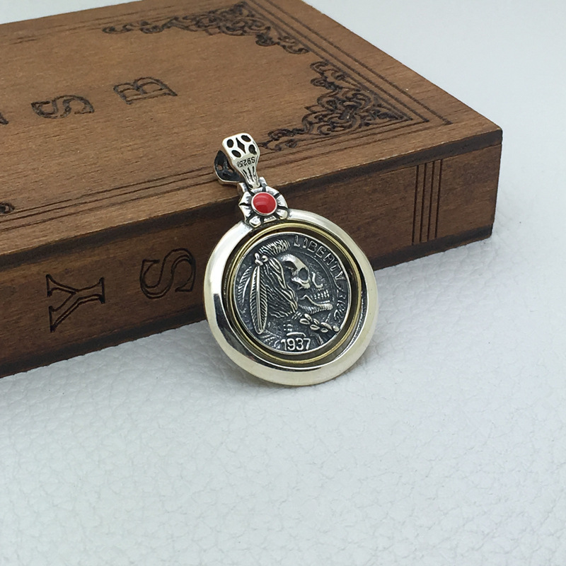 s925纯银吊坠个性新时尚复古印第安风格骷颅头像链坠男女项坠潮品