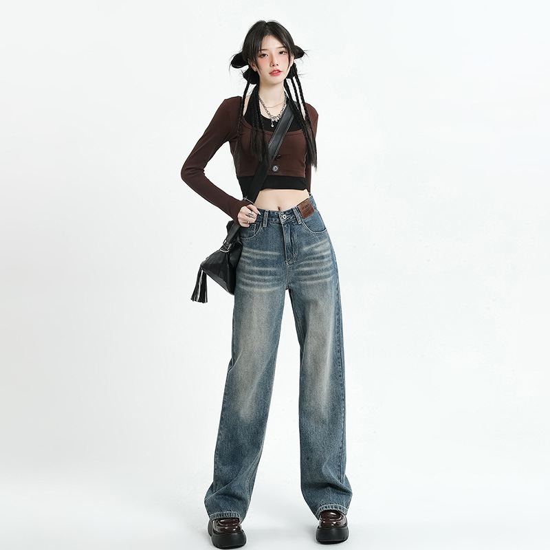 Retro Distressed Straight Jeans for Women 2023 Autumn New High Waist Loose and Slimming Wide Leg Mop Pants Fashion