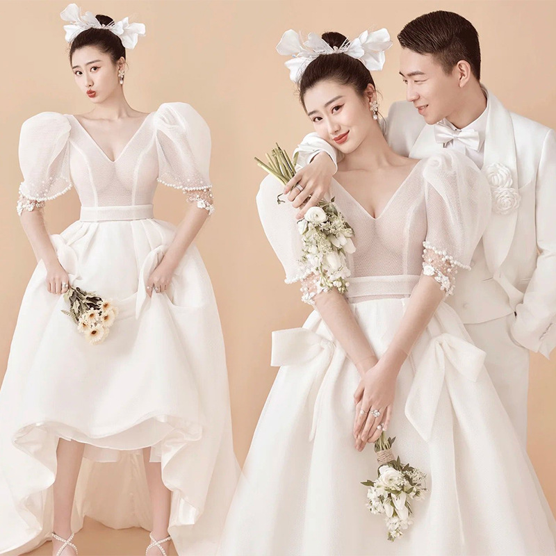 影楼新款极简高定白纱甜美韩版蓬蓬裙礼服婚纱照情侣主题摄影服装