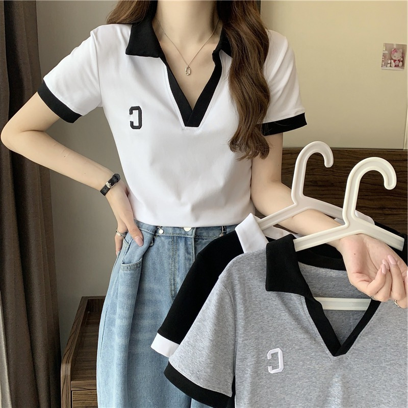 韩版撞色v领拼接百搭短袖t恤女夏季新款内搭polo衫显瘦打底上衣服