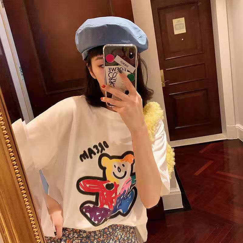 Cartoon Men's round Neck Short Sleeve Women's T-shirt Summer Solid Color Loose-Fitting Large Size Cotton T-shirt Black and White Sweat-Absorbent Breathable Wholesale Fashion