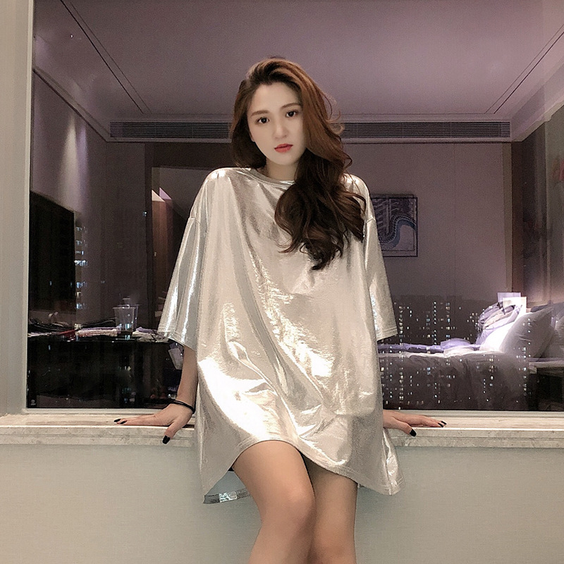 银色中长款亮闪闪t恤女宽松闪光亮片上衣七分袖网红下体失踪大版