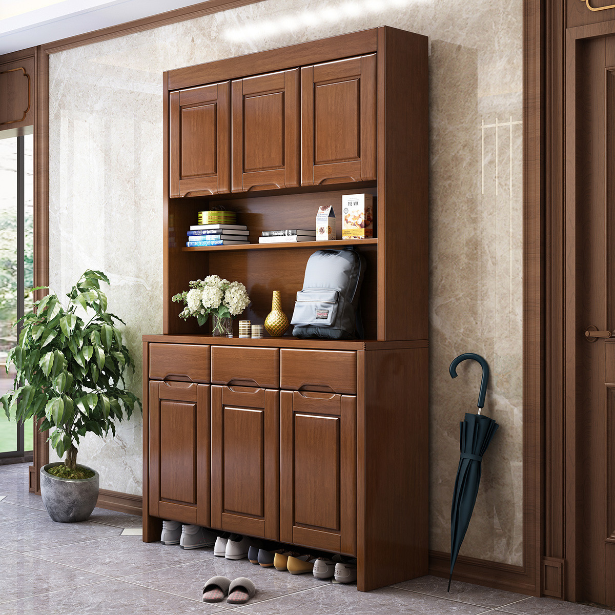中式实木鞋柜靠墙高层家用门口进门大容量客厅入户多层收纳储物柜