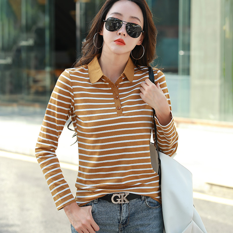 Modal Cotton Long-Sleeved Striped T-shirt Women's Slim Fit 2023 Autumn New Polo Collar Buttoned Bottoming Shirt Fashion