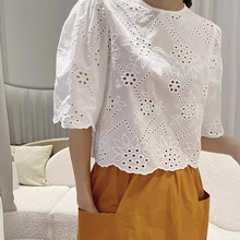 韩国2024夏季新品甜美花朵蕾丝花边雕花镂空泡泡袖上衣女衬衫