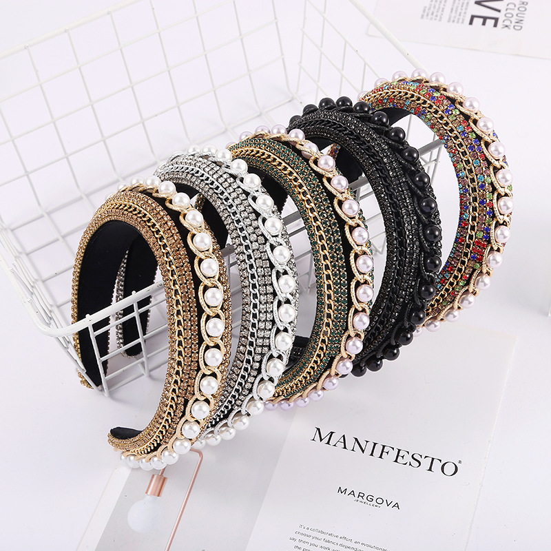 Korean Style Fashionable Pearl Headband Vintage Rhinestone Wave Headband Baroque Full Diamond Hair Tie Thin Edges Handmade Beaded Headband