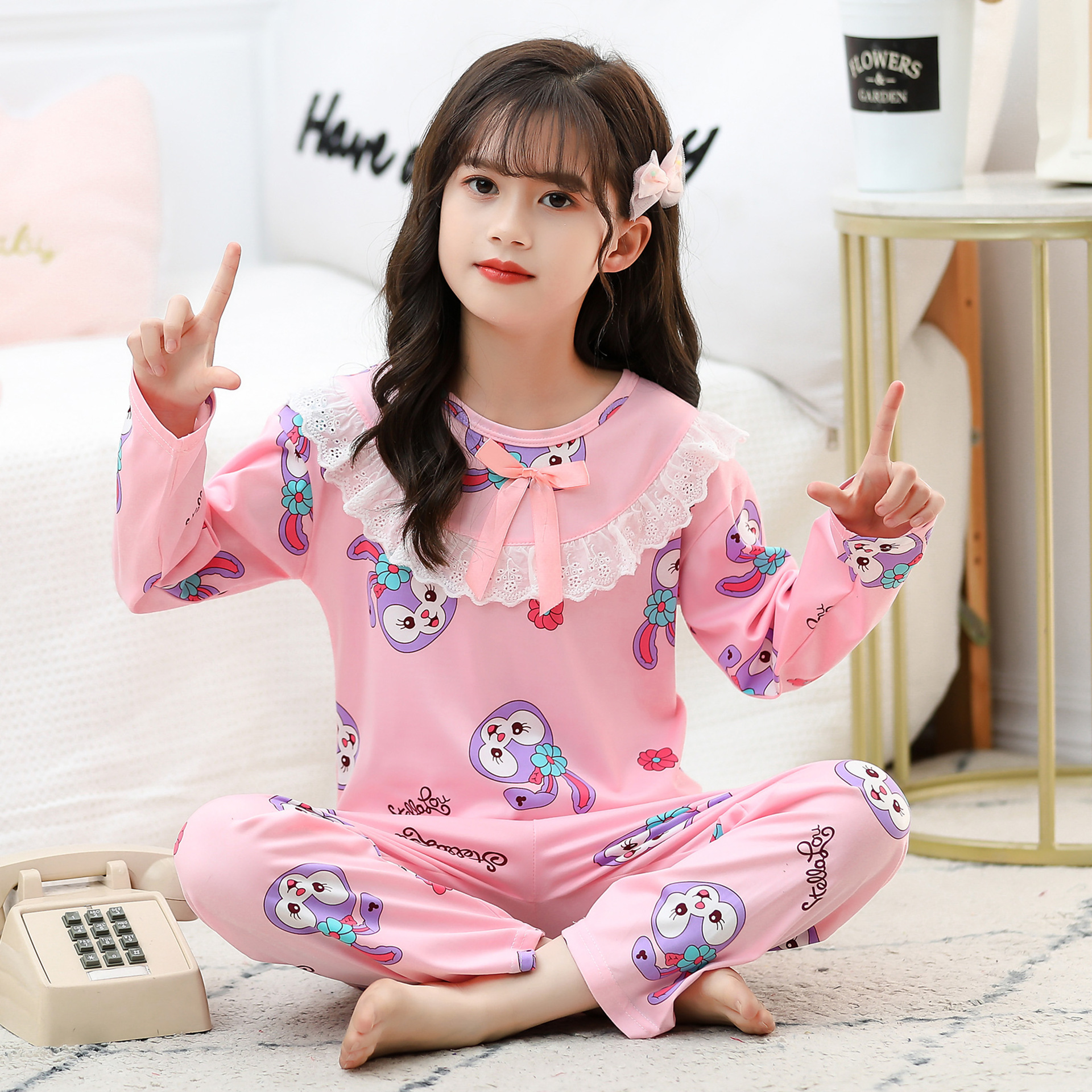 2022春秋女大儿童装公主空调薄款夏睡衣女孩长袖套装儿童女家居服
