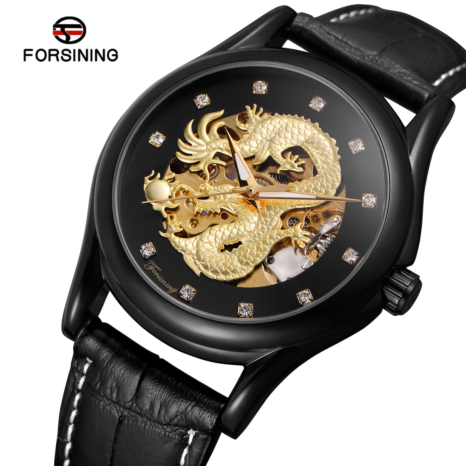 forsining富西尼手表 镂空水钻状刻度机械表龙图案男女士手表