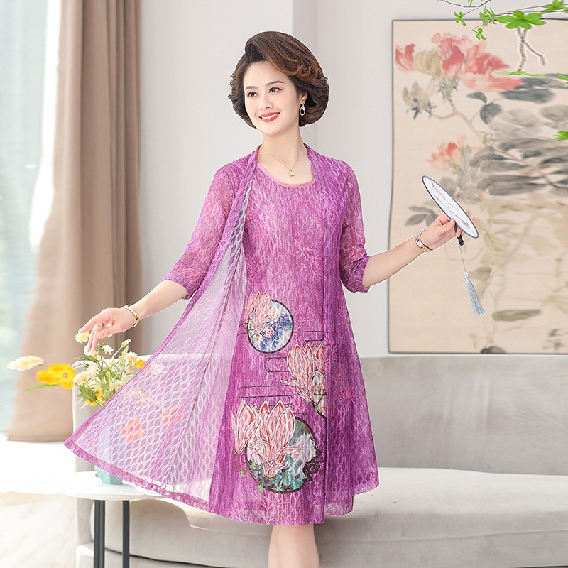 妈妈夏装连衣裙披肩套装阔太太洋气裙子两件套中老年女装雪纺外套