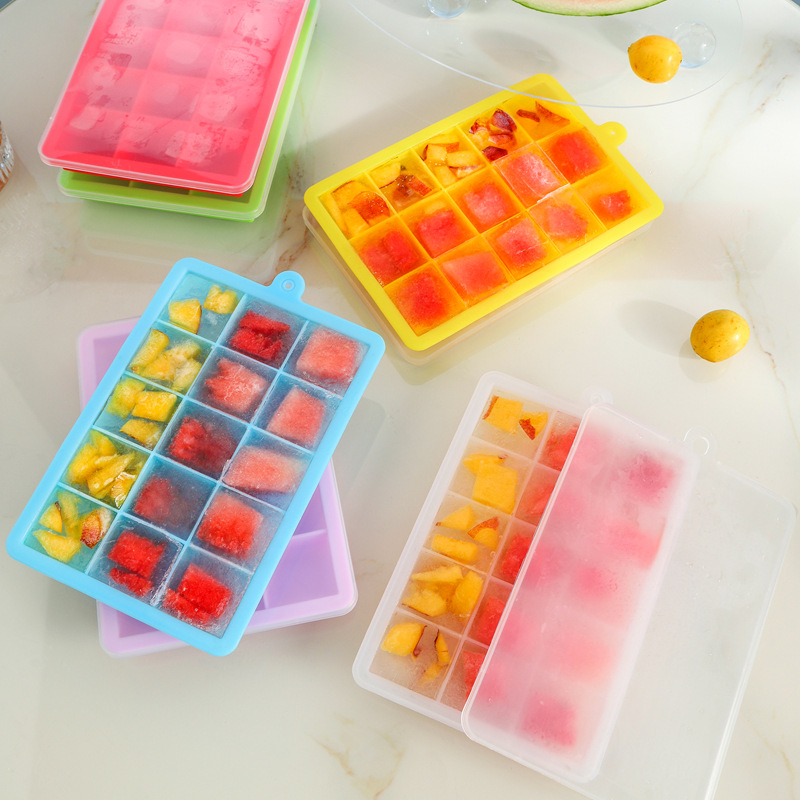 批发15格带盖制冰盒家用食品级制冰格24格方形冰格硅胶冰块模具