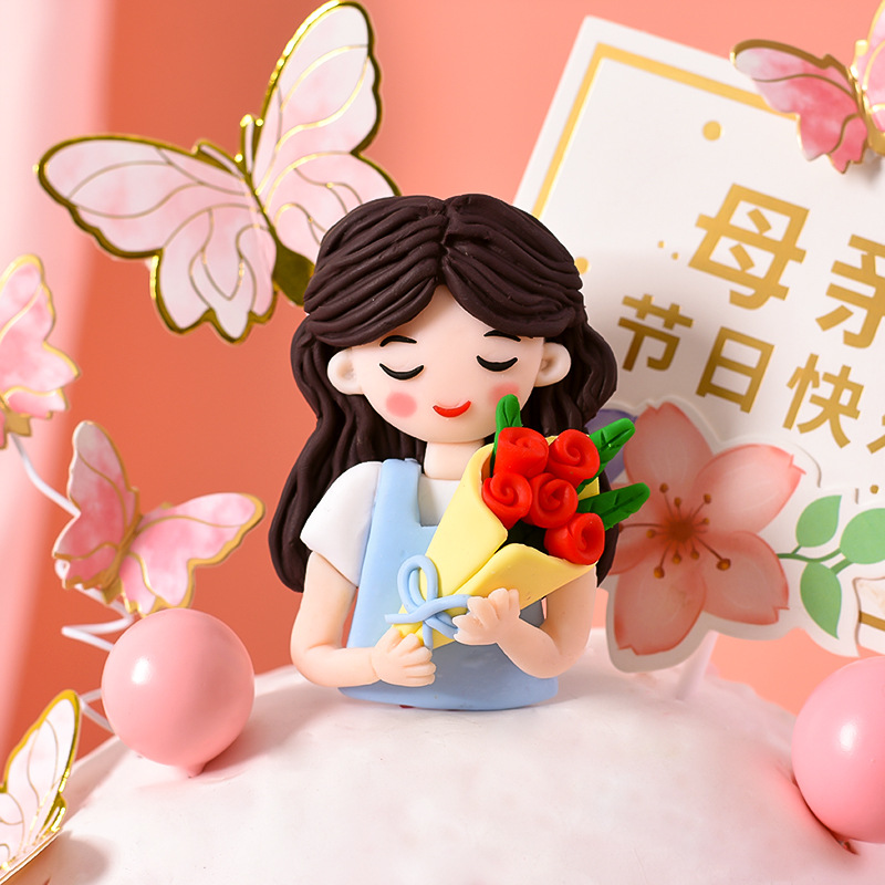 母亲节蛋糕装饰鲜花妈妈捧花母亲美女品酒软陶插件女神生日装饰