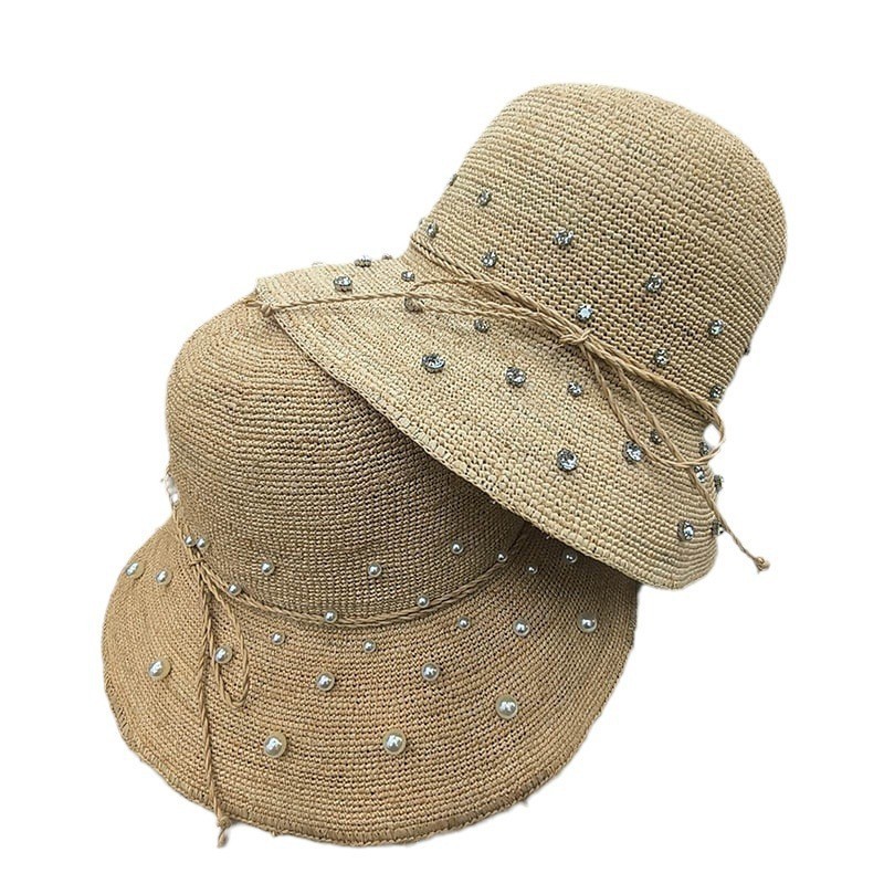 高档手钩时尚拉菲草帽子女夏季宽檐珍珠水钻防晒遮阳可折叠沙滩帽