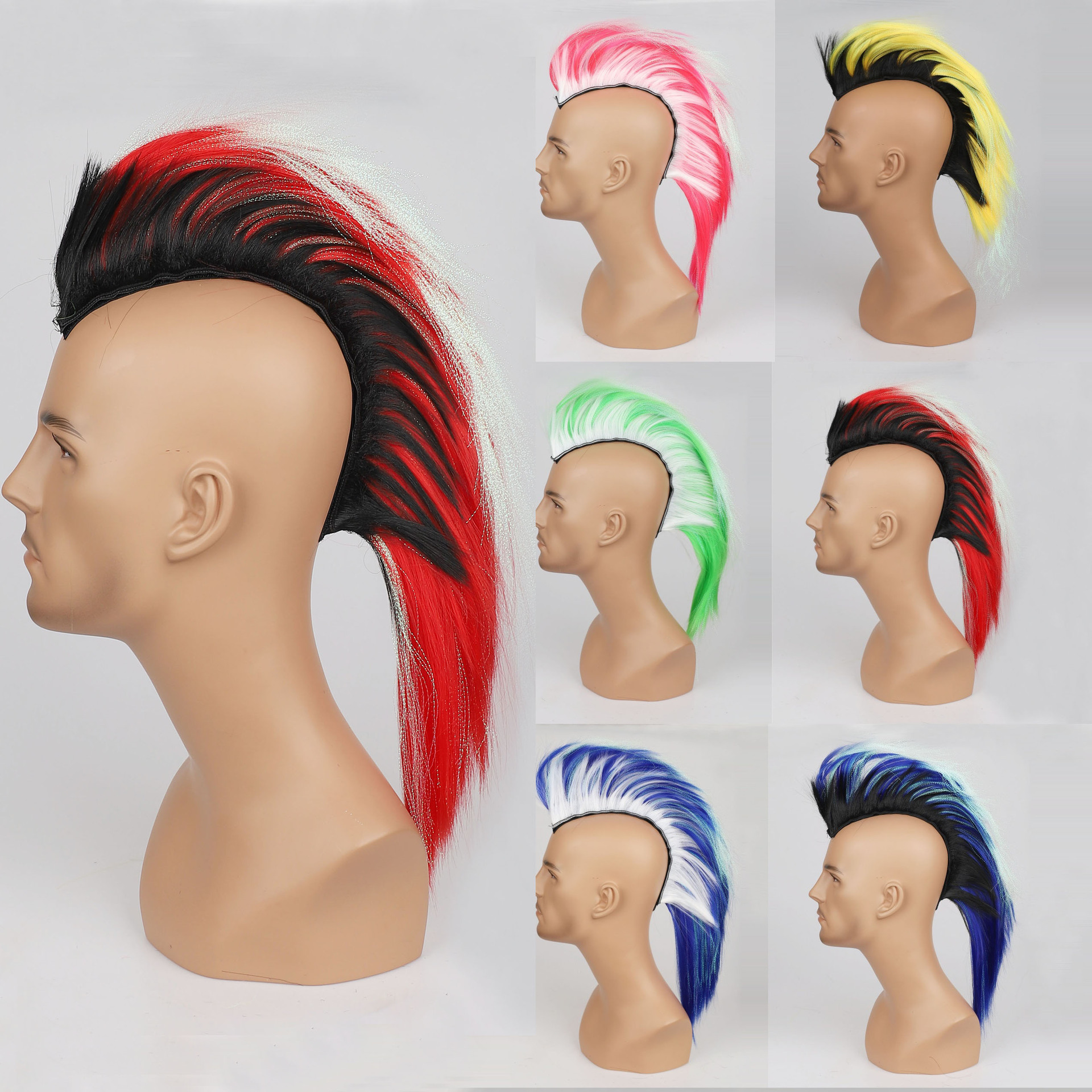 炫彩个性双色杀马特鸡冠头饰化纤动漫假发摩托车骑手头盔假发