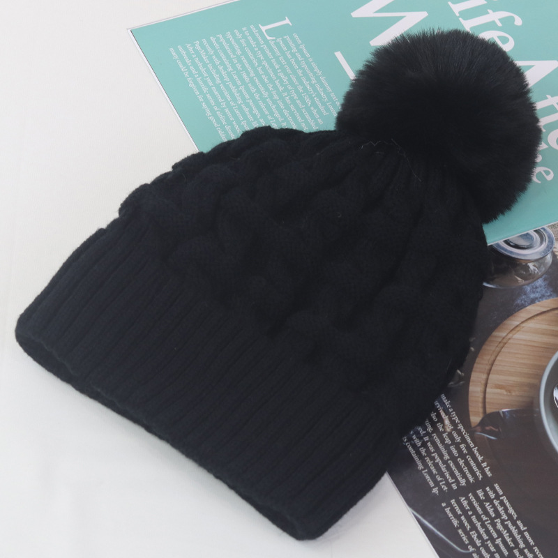 Hat Fur Ball Thickened Coarse Yarn Knitted Hat Warm Earflaps Cap Student Fleece-Lined Hat Children Autumn and Winter in Stock Wholesale