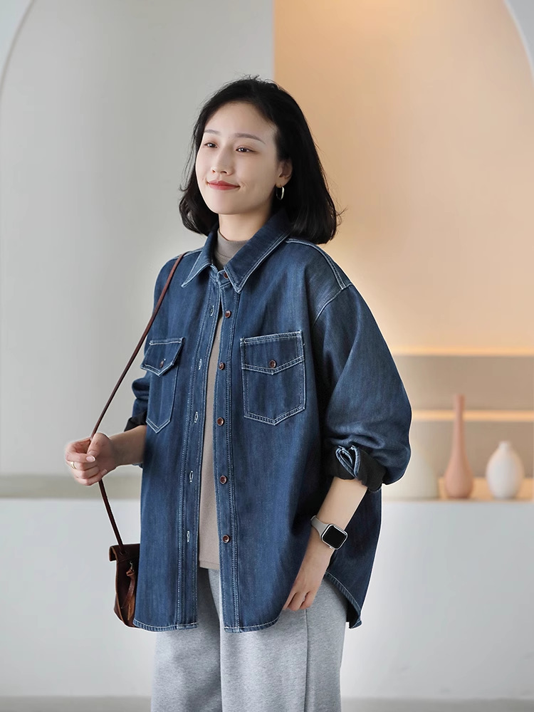 牛仔衬衫女翻领休闲百搭宽松显瘦冬季新款加绒保暖衬衣外套女