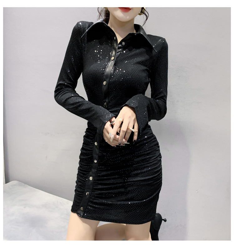 亮片连衣裙女派对重工银色珠片包臀短裙斜边单排扣子褶皱拼皮蹦迪