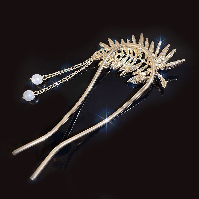 金色国风古典羽毛u型发簪优雅贵气水钻珍珠流苏发钗复古汉服头饰