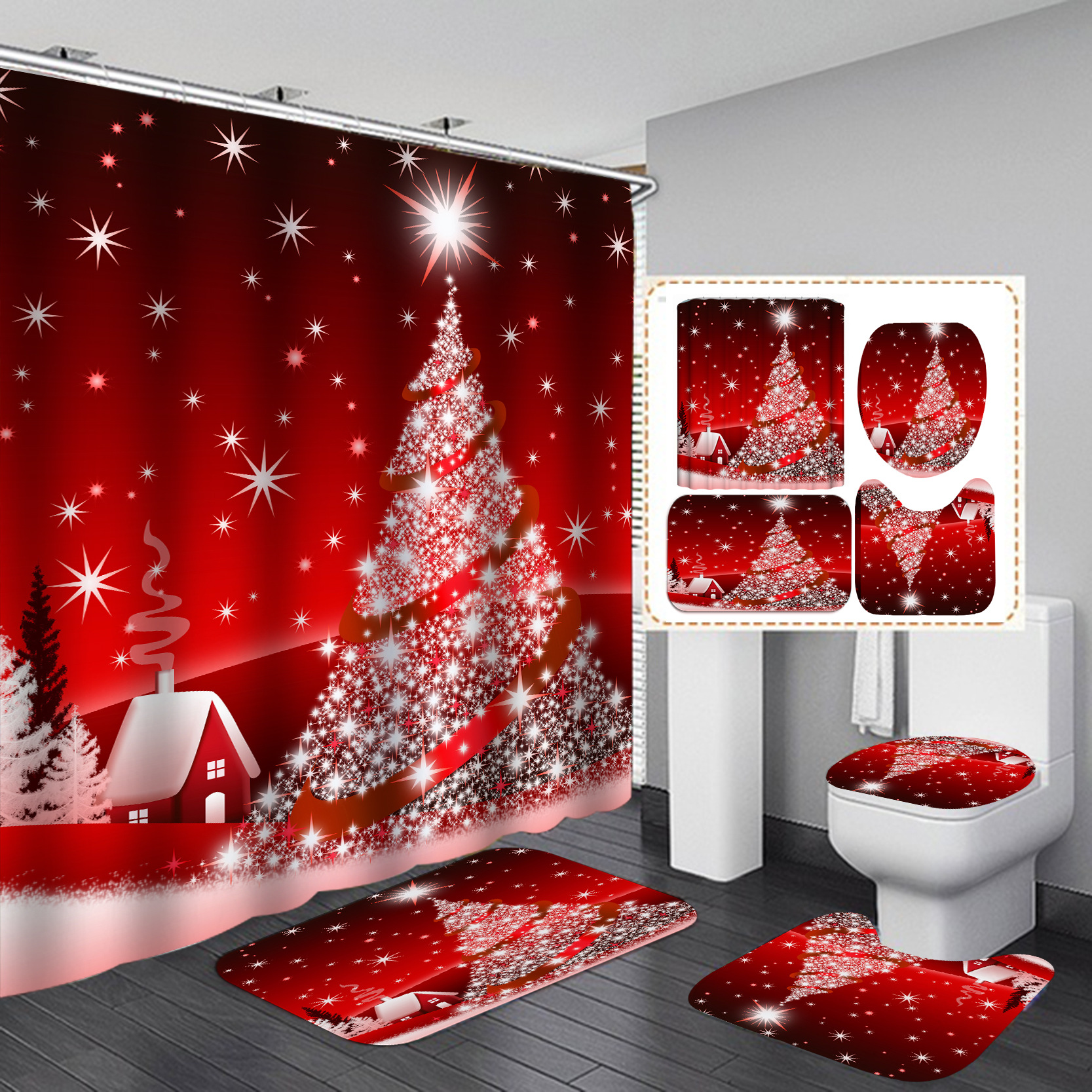 Amazon Direct Sales Christmas Shower Curtain Set Series Waterproof Punch-Free Partition Curtain Hotel Rain Curtain