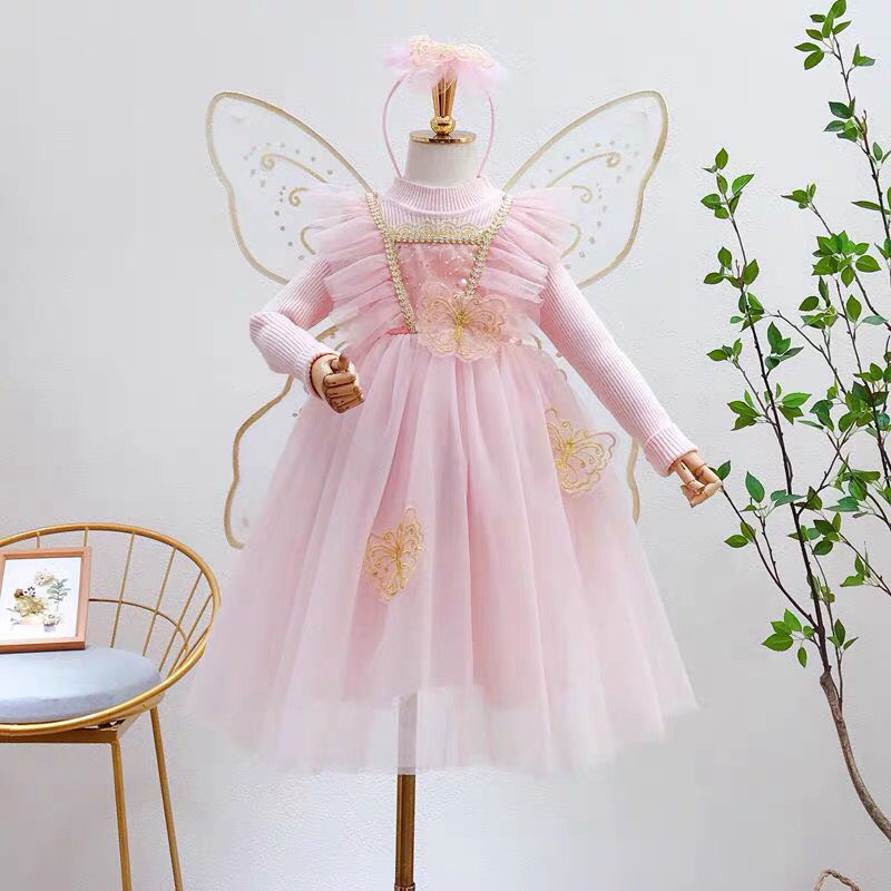 儿童礼服裙女童毛衣连衣裙童话花仙子公主裙女宝蝴蝶翅膀蓬蓬纱裙