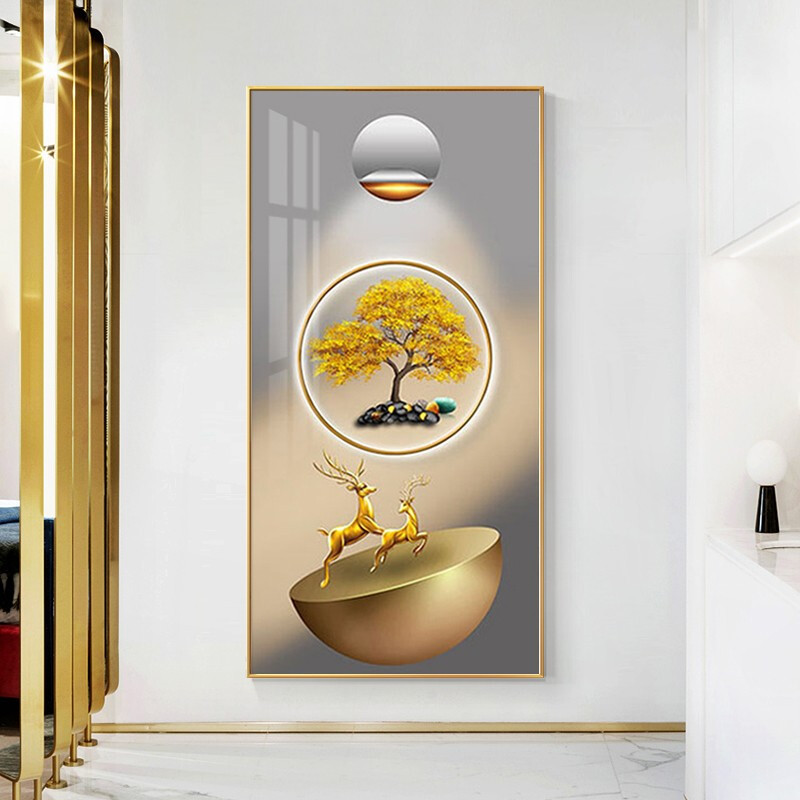 轻奢入户玄关装饰画高档走廊过道挂画现代简约正对门竖版墙面壁画