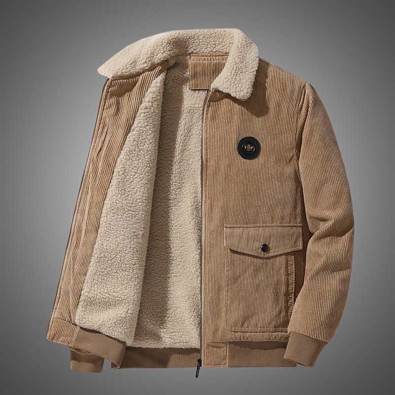 Corduroy Lamb Wool Jacket Men's Winter Loose Velvet Thickened Casual Polo Collar Coat Top Clothes Men