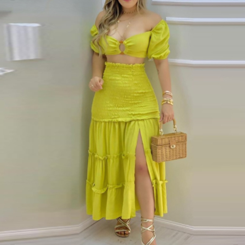 women clothes Spring 2023 Amazon Europe and America Cross Border Trendy Foreign Trade Women's Clothing Sexy Top High Waist Slit Skirt Suit