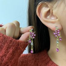 新款复古紫色花瓣闪钻耳环女小众设计感耳钩气质长款流苏耳饰品女