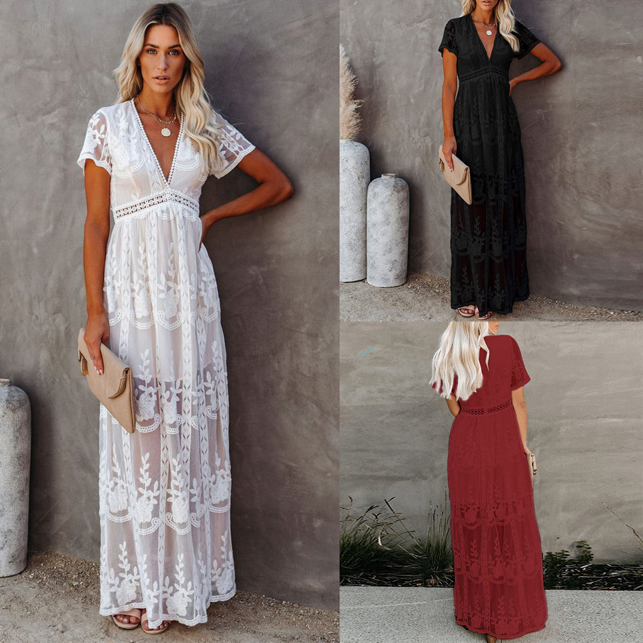 s21s5036 21新款 欧风高腰深v刺绣蕾丝 时尚气质连衣裙