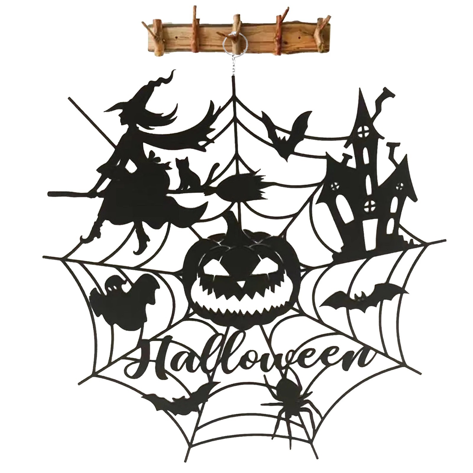 跨境外贸万圣节蜘蛛网剪影门装饰 花园铁艺南瓜挂饰 庭院骷髅挂件