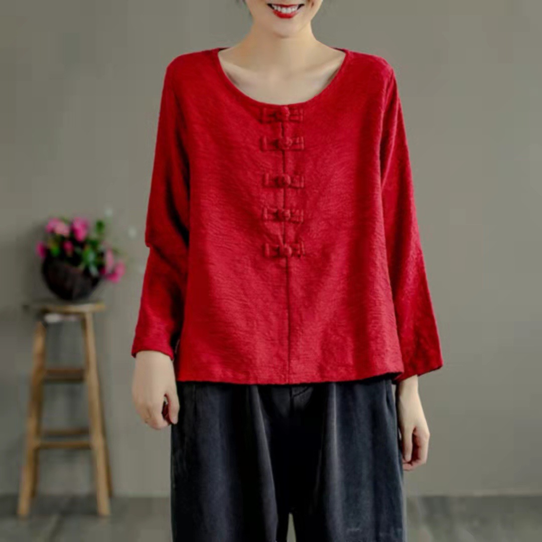 复古民族风盘扣长袖棉t恤女21新款宽松套头气质圆领上衣