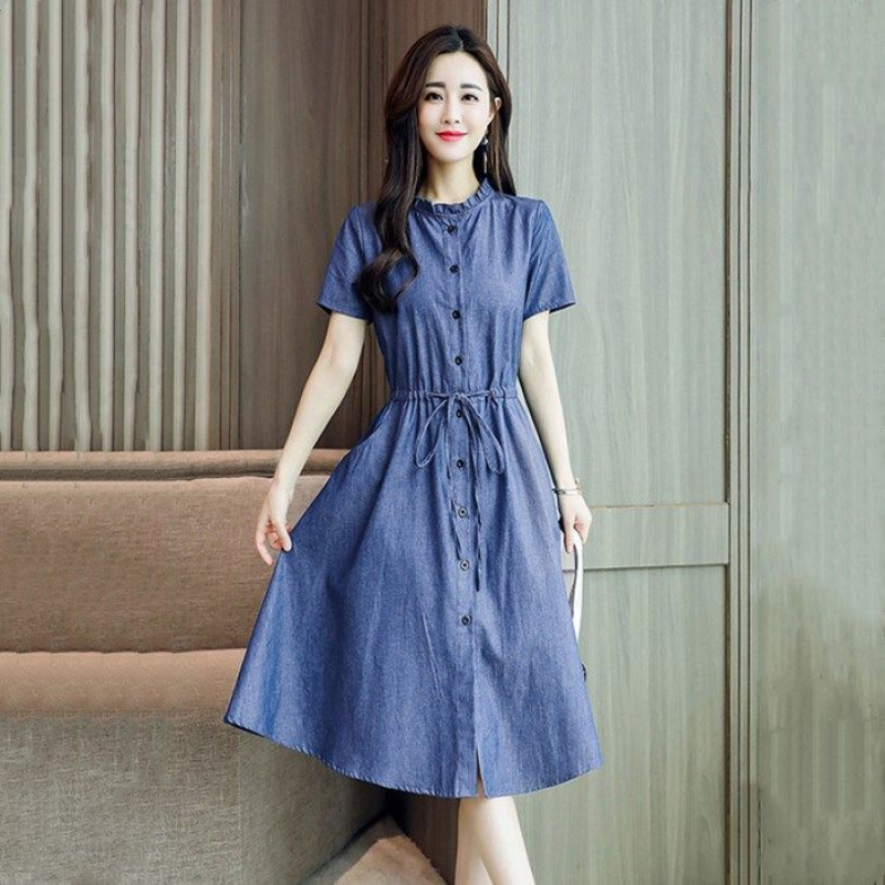 2021春秋新款女装韩版时尚显瘦高腰中长款牛仔连衣裙女春秋长裙