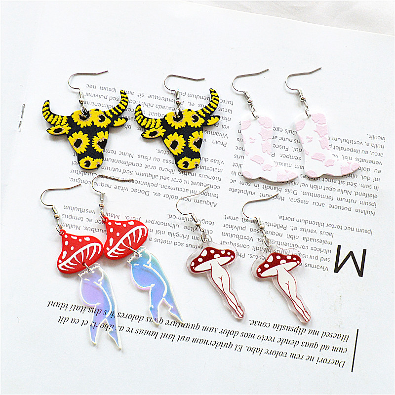 european and american personalized trendy earrings exaggerated funnny and creative acrylic printing magic color mushroom woman leg monroe earrings