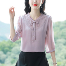 夏季新款短袖衬衫女桑蚕丝衬衣蕾丝木耳边紫色高级感上衣小衫
