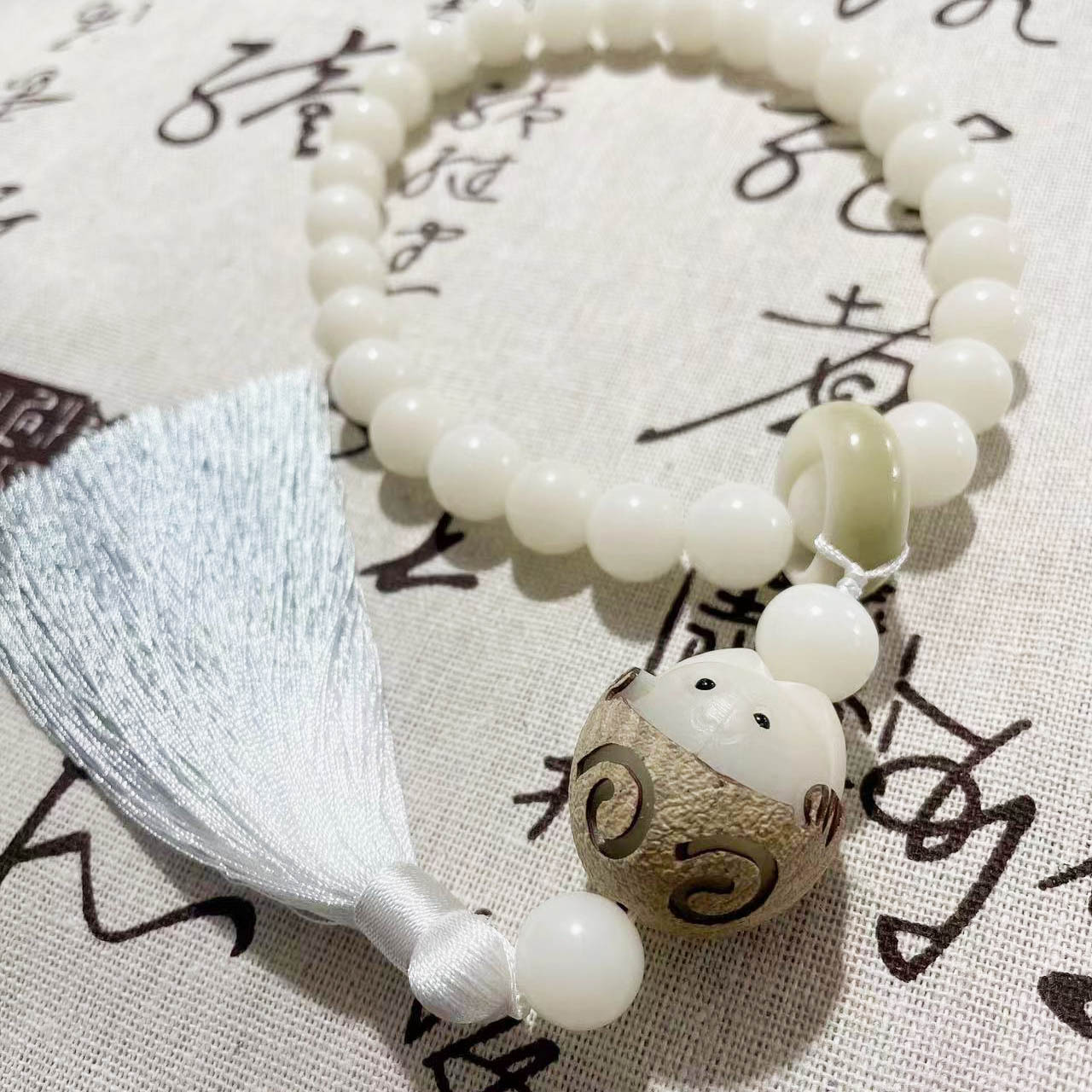 Natural Bodhi Original Seed Polished New White Jade Bodhi Root Flexible Ring Ancient Beads Collectables-Autograph Rosary Handheld Bracelet