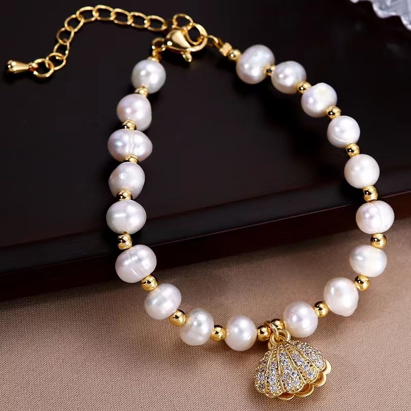 天然巴洛克淡水珍珠手链高级感贝壳造型手串女轻奢时尚手饰批发