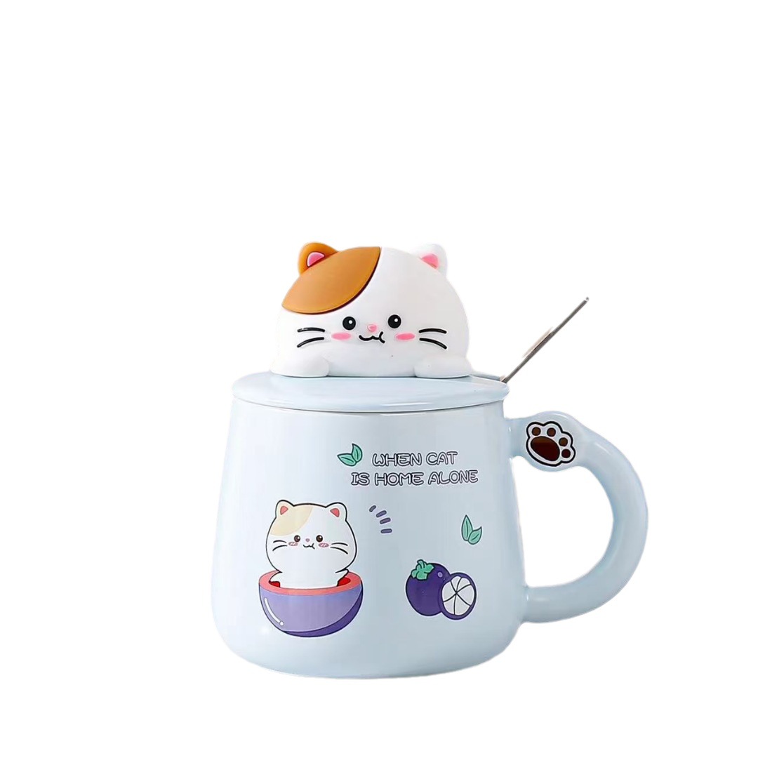 Creative Cartoon Cat Mug Ceramic Gift Drinking Cup with Cover Spoon Office Coffee Cup Cute Good-looking