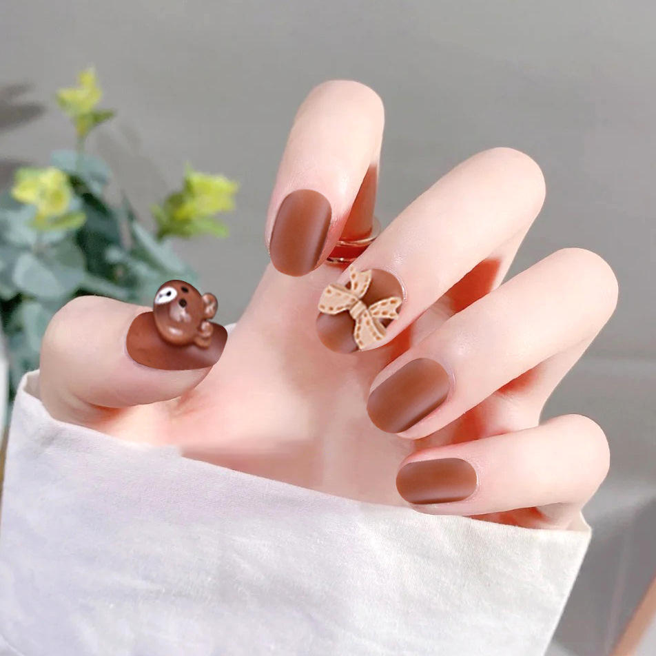 穿戴美甲甲片成品短款磨砂咖啡小熊秋冬显白拆卸韩国假指甲贴片