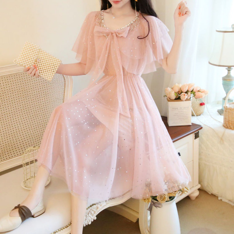 梦幻星空仙女裙chic温柔小个子夏季收腰显瘦蝴蝶结亮片网纱