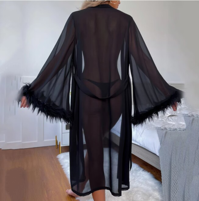 2023 European American Summer New Artificial Silk Feather Long Style Long Sleeve Pajamas Nightgown Comfortable Strap Ladies' Homewear