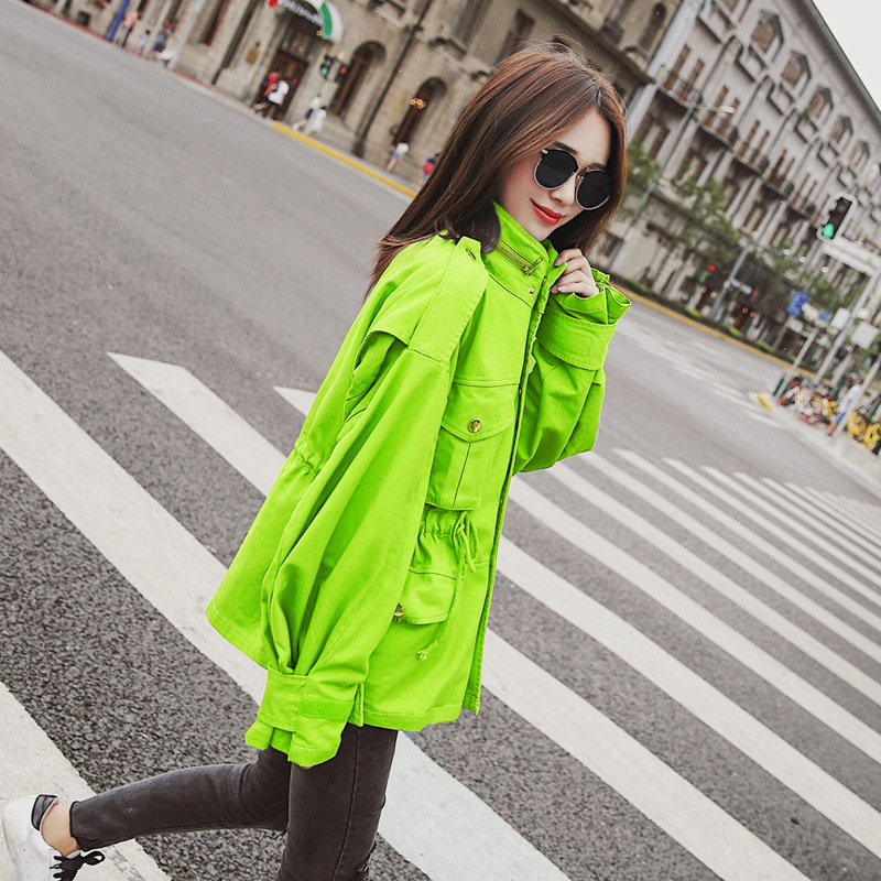 荧光绿工装女士短外套春秋百搭2021年秋装新款夹克牛仔风衣女短款