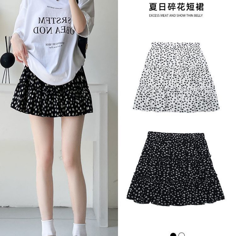 甜美黑色碎花半身裙夏季2025高腰新款显瘦蛋糕小个子短裙速卖通