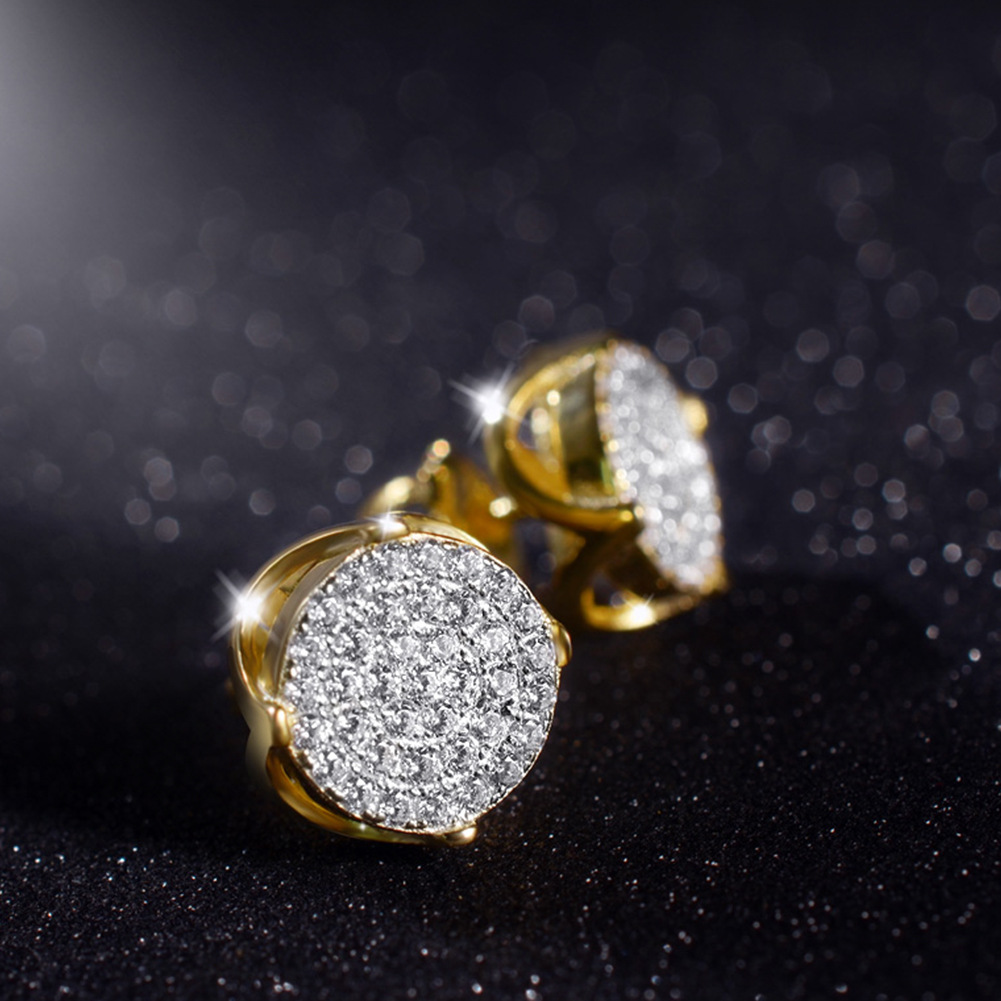 创意欧美简约925银18k金白色天然钻石圆男士嘻哈耳钉跨境批发定制