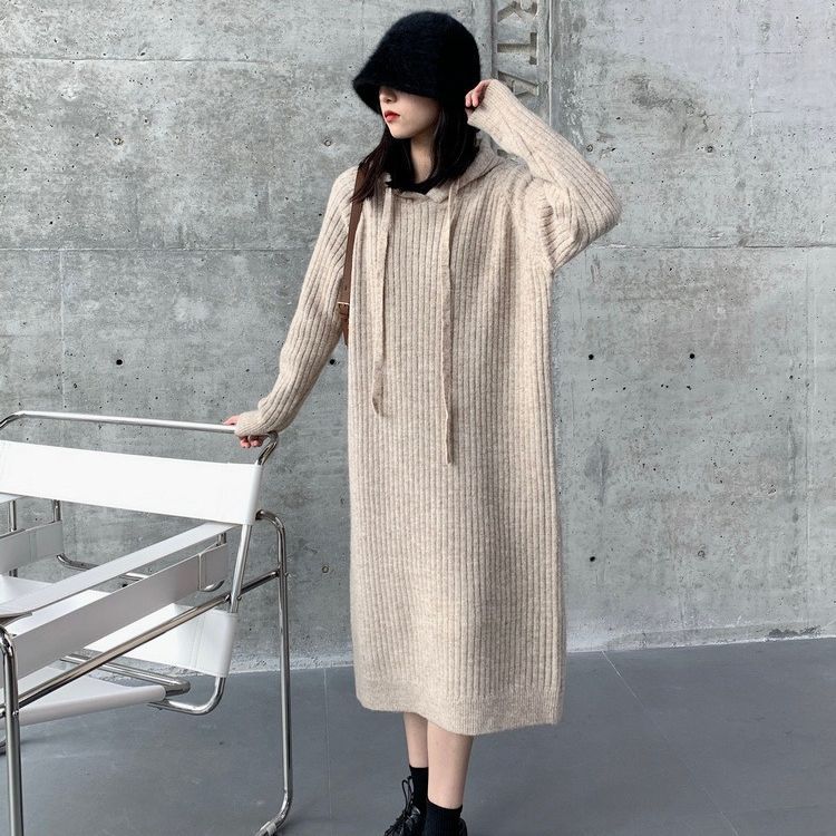 Autumn and Winter Hooded Sweater Women's Dress Straight Loose Long Outer Wear Knitted over-the-Knee Dress Casual Bottoming Shirt