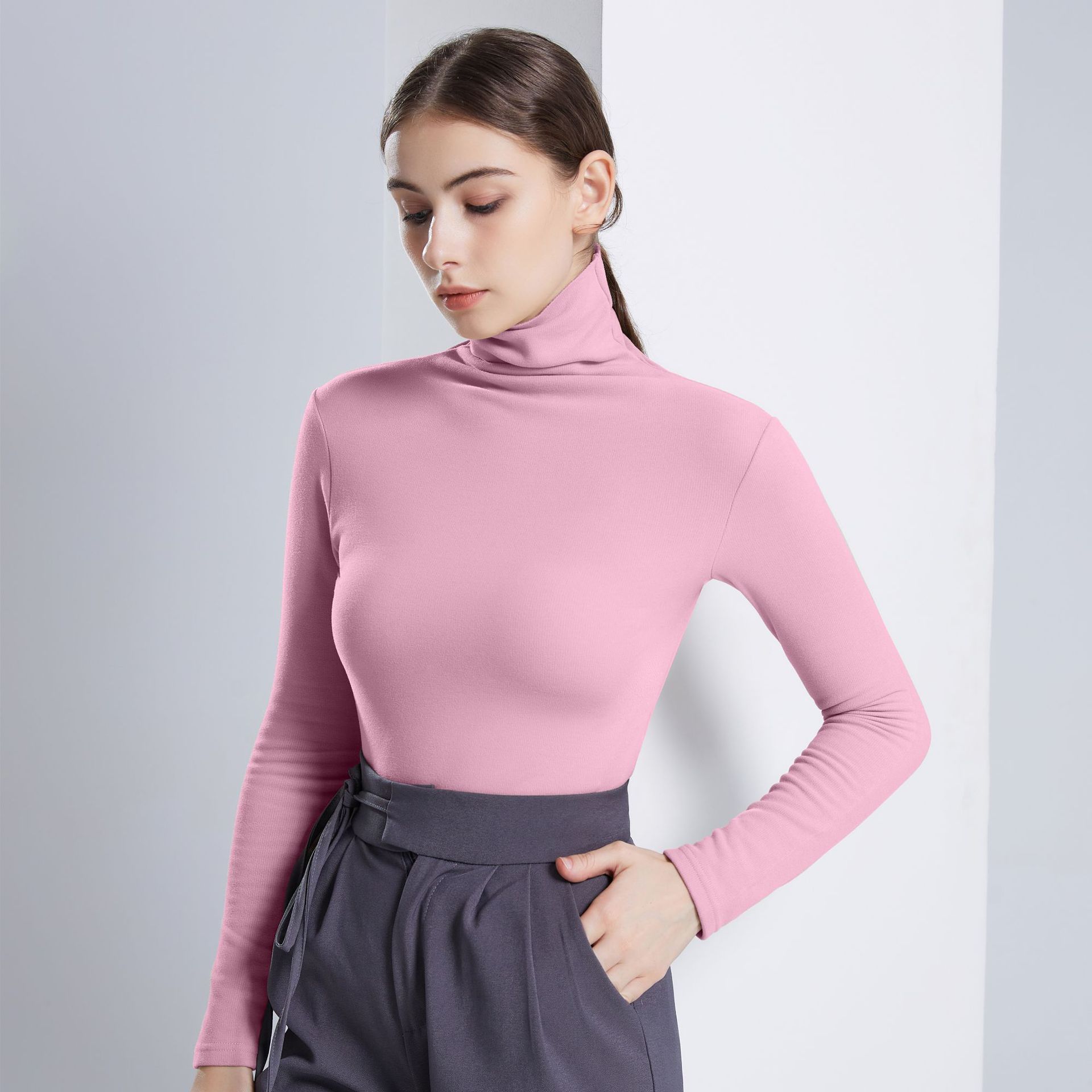 Winter Dralon Fleece-Lined Thickened Women's Turtleneck Bottoming Shirt Silk Protein Skin Bottom Thermal Underwear Push Collar Autumn Clothes