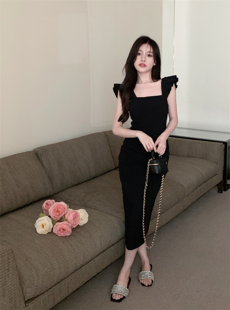 French Style Flying Sleeve Dress Women's Summer Design Sense Niche Temperament Waist-Controlled Slimming Slim Fit Side Slit Dress