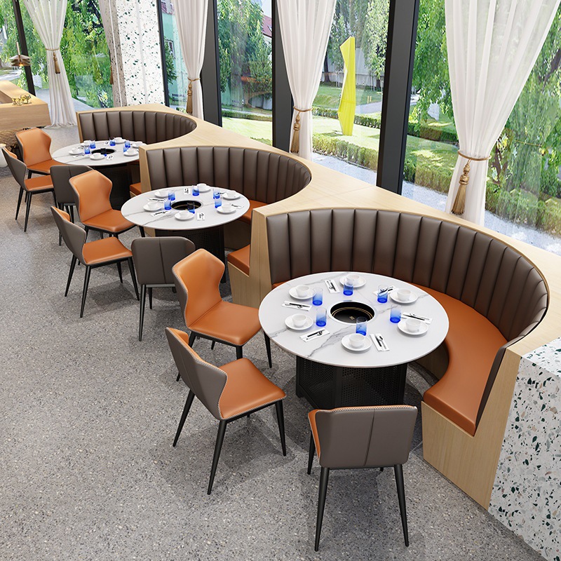 主题餐厅餐饮店半圆弧形沙发岩板火锅桌酸菜鱼店卡座桌椅组合