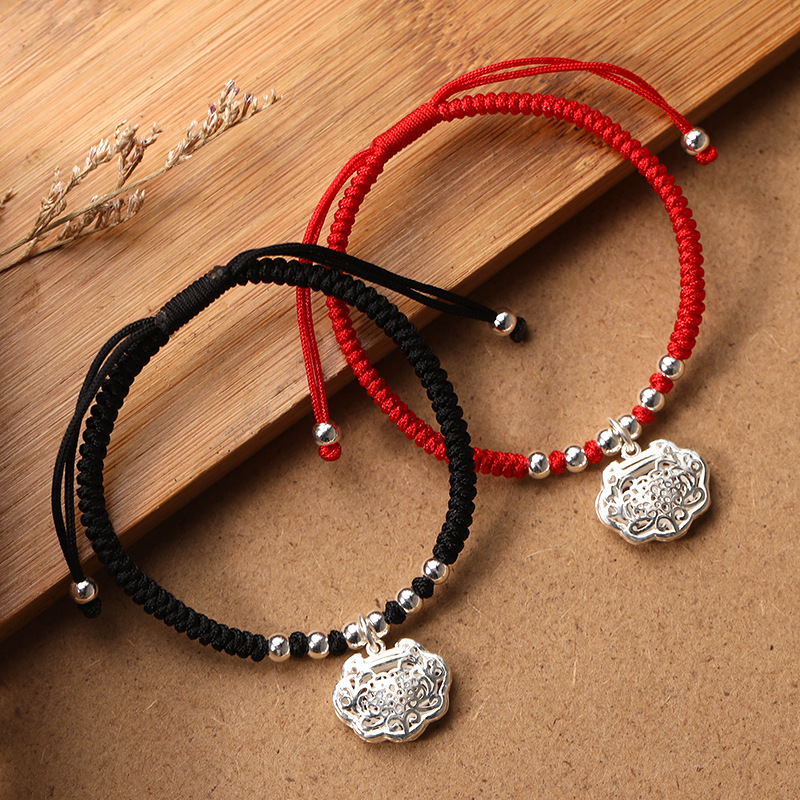 s925纯银平安长命锁吊坠编织情侣款红绳手链diy手饰饰品编绳手串