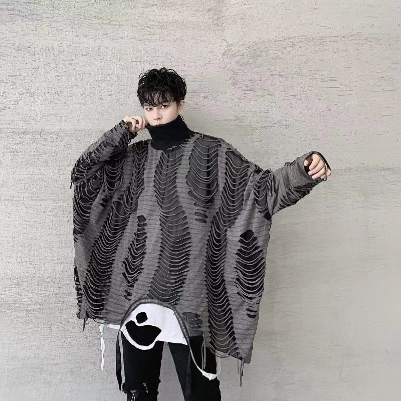 2022春夏新款暗黑风个性潮流割破双层宽松蝙蝠衫斗篷大码男士长袖